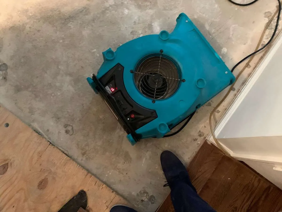Air mover drying subfloor during Commercial Water Damage Restoration in Front Royal